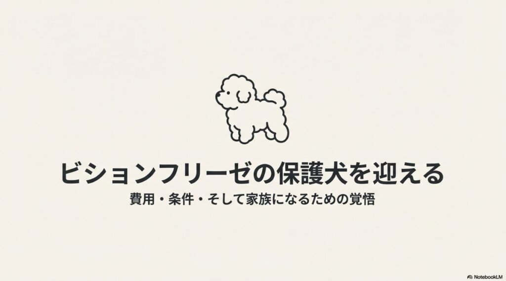 ビションフリーゼの保護犬を迎えるための費用、条件、家族になるための覚悟についてのタイトルスライド
