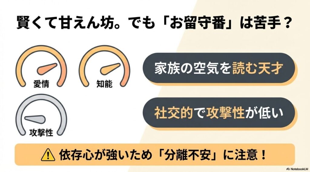 愛情と知能が高く、攻撃性が低い社交的な性格を示す一方で、依存心の強さから分離不安に注意が必要であることを説明するスライド