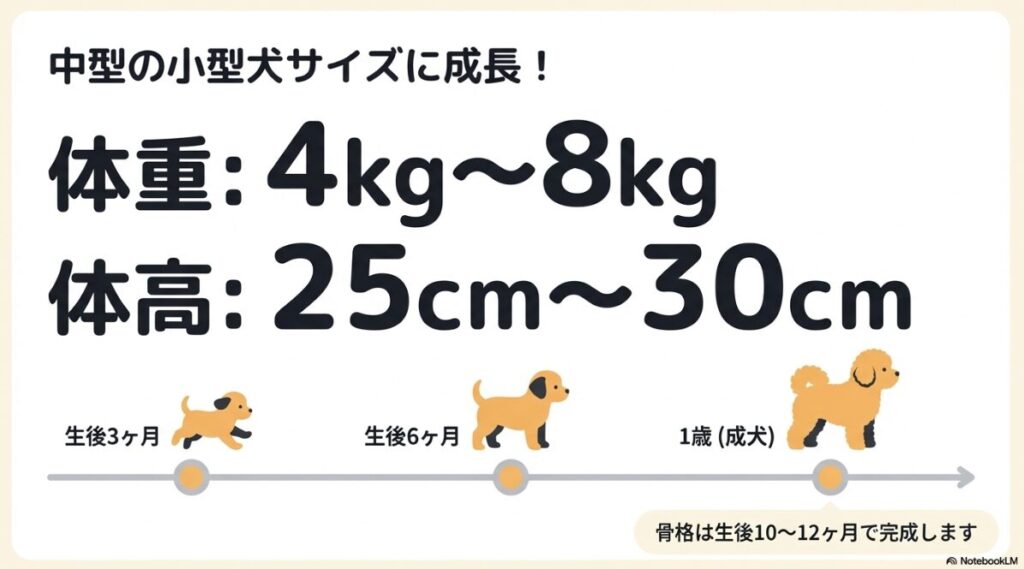 体重4〜8kg、体高25〜30cmへの成長推移と、骨格が生後10〜12ヶ月で完成することを示した成長表のスライド