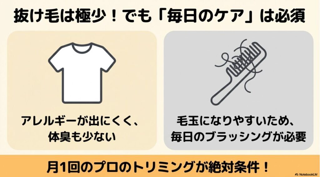 抜け毛や体臭が少ないメリットの一方で、毎日のブラッシングと月1回のプロによるトリミングが不可欠であることを示すアイコン図解