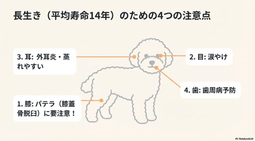 パテラ(膝)、涙やけ(目)、外耳炎(耳)、歯周病(歯)の4点に注意が必要であることを示す犬のイラスト図解