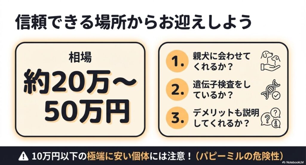 約20万〜50万円の価格相場と、親犬の確認や遺伝子検査、デメリットの説明があるかといったブリーダー選びのチェックポイント