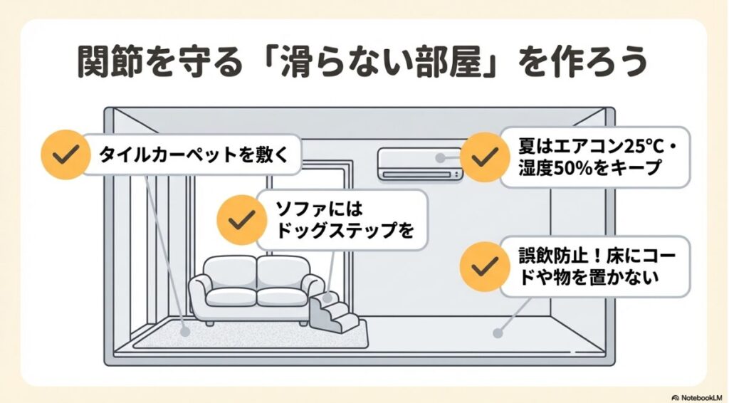 タイルカーペット、ドッグステップ、温度・湿度管理、誤飲防止策など、安全で快適な室内環境づくりのポイント