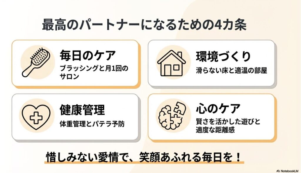 毎日のケア、環境づくり、健康管理、心のケアの4項目を総括した、幸せな共生のための最終確認スライド。