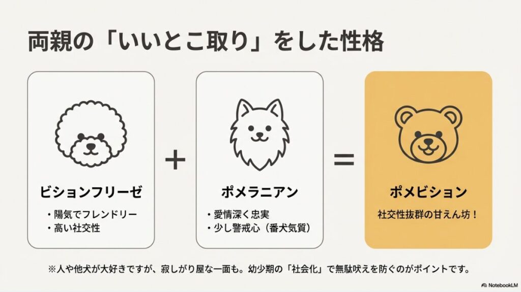 ビションフリーゼとポメラニアンの性格を掛け合わせたポメビションの特性（陽気、社交的、忠実など）を説明する図解