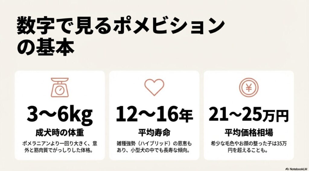 ポメビションの成犬時の体重（3〜6kg）、平均寿命（12〜16年）、価格相場をまとめた基本情報のスライド