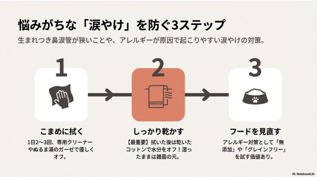 こまめに拭く、しっかり乾かす、フードを見直すという、ポメビションの涙やけ対策をまとめた3ステップの図解
