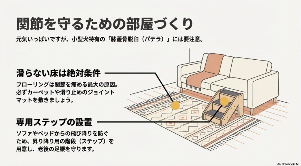 膝蓋骨脱臼（パテラ）対策として、滑らない床作りや専用ステップの設置を推奨する部屋づくりのポイント解説
