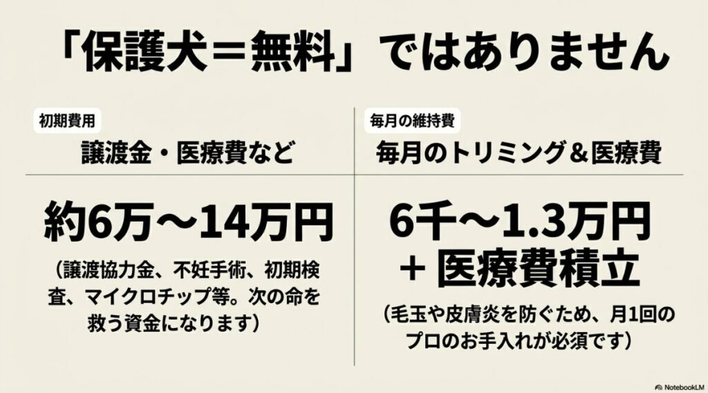初期費用（約6万〜14万円）と毎月の維持費（6千〜1.3万円＋医療費）の内訳と、プロのお手入れが必須であることを説明する表