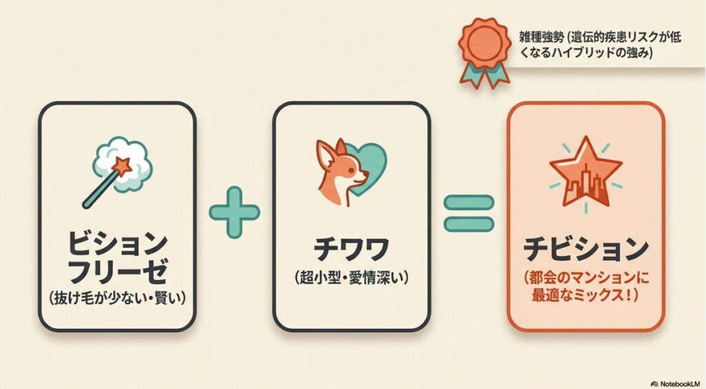 ビションフリーゼとチワワを交配させたチビションの図解。雑種強勢による遺伝的リスク低減と都会のマンションへの適応性を説明