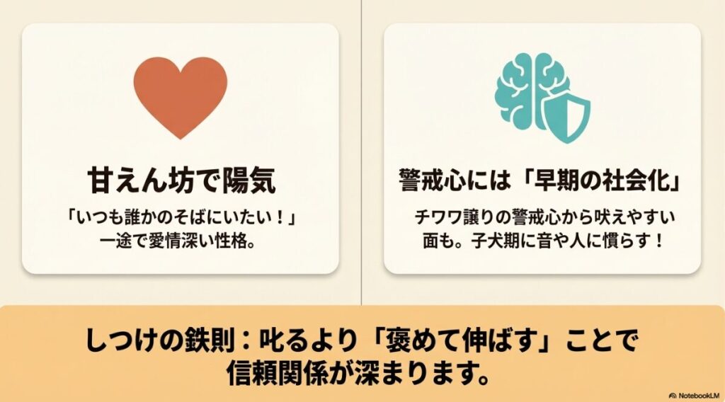 甘えん坊で陽気な性格の解説と、吠え癖を防ぐための「早期の社会化」や「褒めて伸ばす」しつけのコツを紹介するスライド