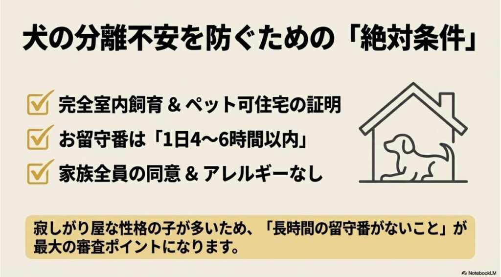 室内飼育の証明や、留守番は1日4〜6時間以内など、寂しがり屋な性格を考慮した最大の審査ポイントについての解説 