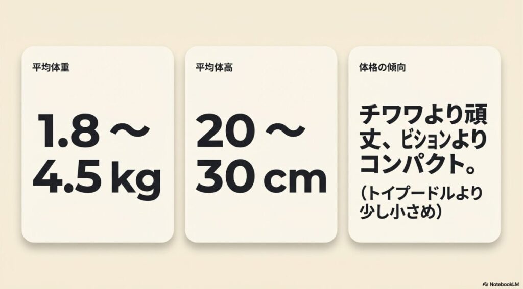 チビションの平均体重1.8kg〜4.5kg、平均体高20cm〜30cmという数値と、トイプードルより少し小さめな体格を説明する図