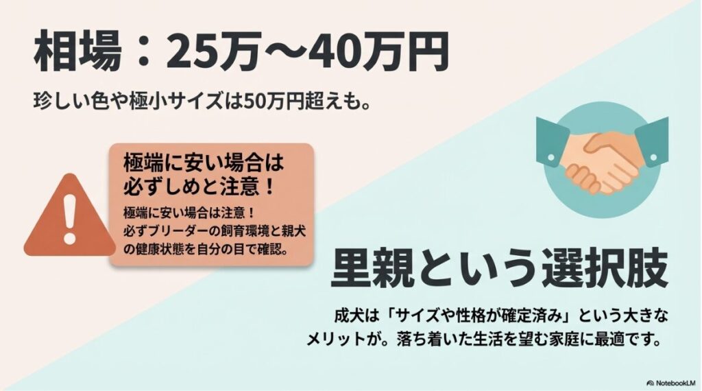 相場25万〜40万円の価格帯と、安すぎる個体への注意喚起、サイズや性格が確定している里親のメリットをまとめた図