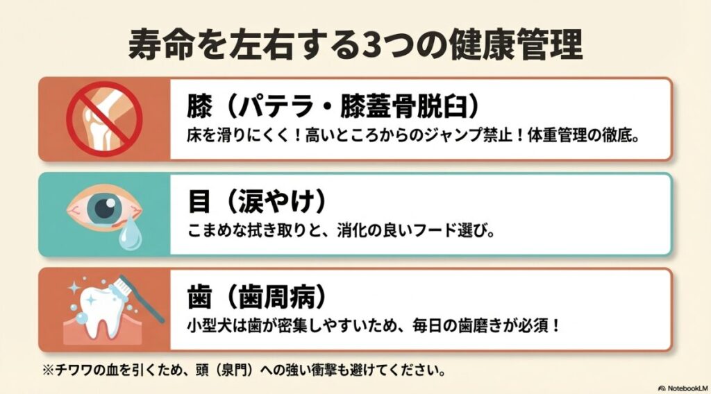 膝（パテラ）、目（涙やけ）、歯（歯周病）の管理方法と、チワワ由来の泉門（頭）への衝撃注意を説明する健康ガイド