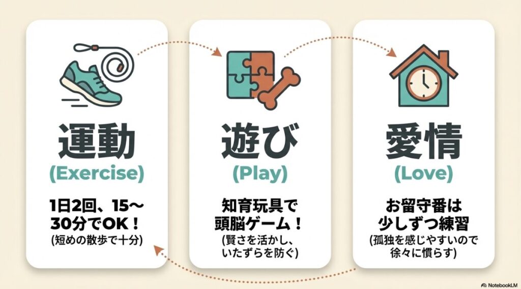 1日2回15〜30分の運動、知育玩具での遊び、留守番の練習を通じた愛情の注ぎ方を解説するライフスタイルスライド