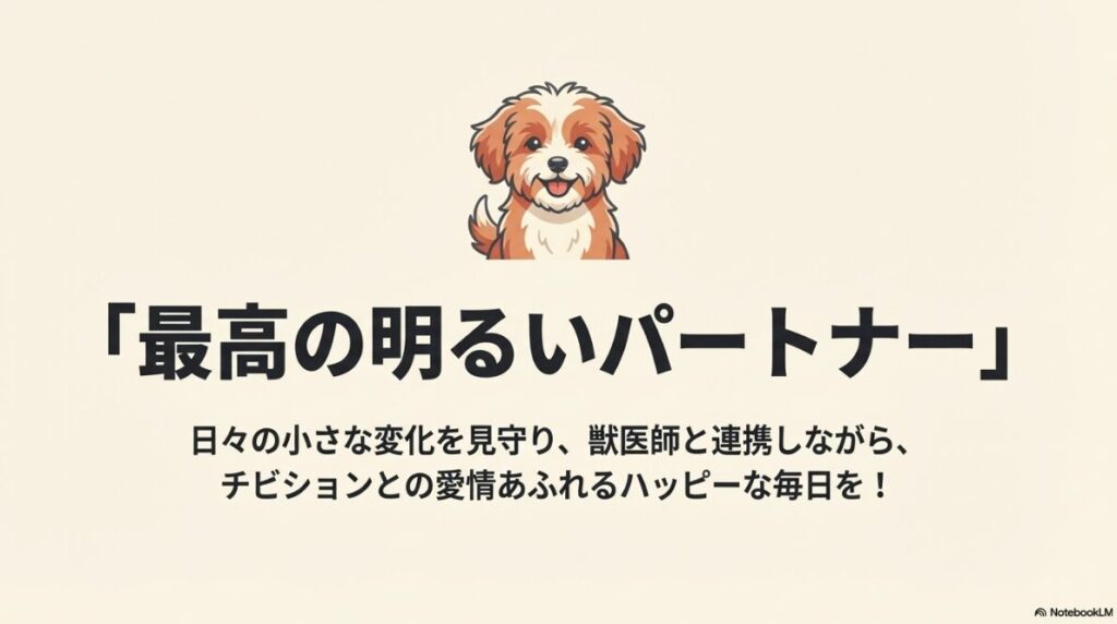 チビションのイラストと共に、日々の変化を見守り獣医師と連携してハッピーに暮らすことを提案する結びのスライド