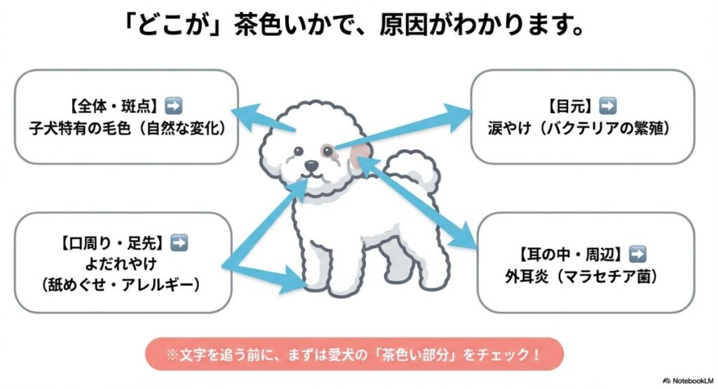ビションフリーゼの体・目元・口周り・足先・耳の場所ごとに、涙やけや外耳炎など茶色くなる原因をまとめたイラスト