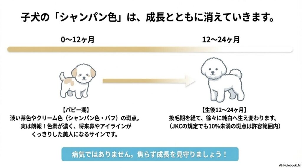 子犬期のシャンパン色が成長とともに消え、12〜24ヶ月で純白に生え変わるサイクルを示した図