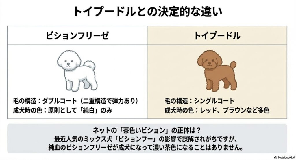 ビションフリーゼのダブルコートとトイプードルのシングルコートの構造、および成犬時の色の違いを比較した表