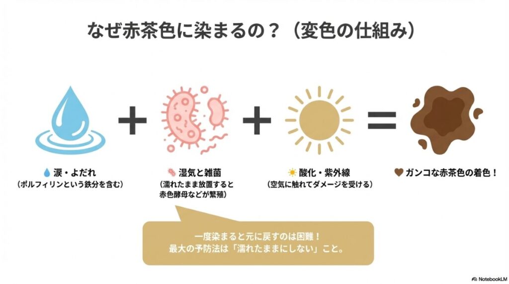 涙のポルフィリン成分が酸化・紫外線・雑菌と反応して赤茶色の着色汚れになるプロセスを説明した図