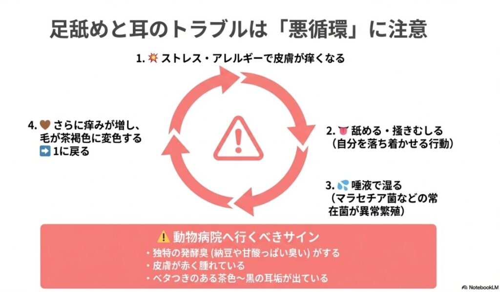 痒みから舐めることで雑菌が繁殖し、さらなる痒みと変色を招く悪循環と、病院に行くべきサインのまとめ