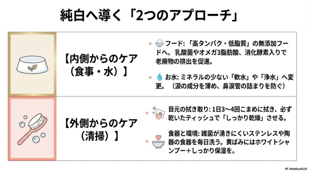 食事や水による「内側からのケア」と、清掃や環境整備による「外側からのケア」の具体的な内容をまとめた図
