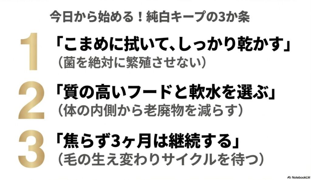 こまめな拭き取り、フードの選定、3ヶ月の継続という白さを保つための重要ポイントをまとめた画像