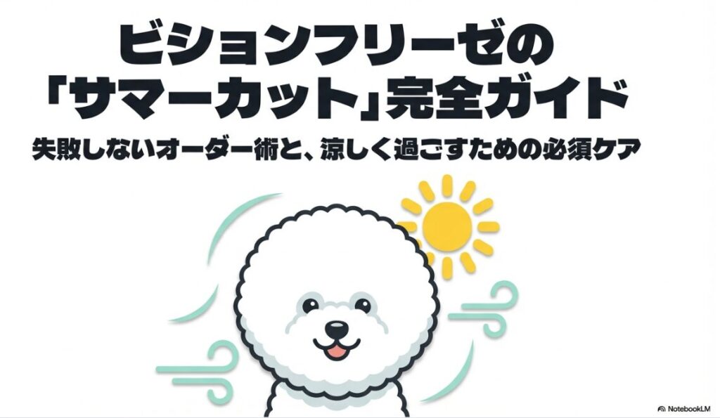 ビションフリーゼのサマーカット完全ガイド。涼しげな風と太陽を背景にしたビションフリーゼのイラスト