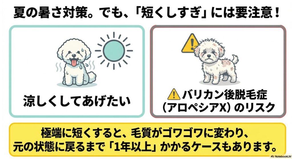 バリカン後脱毛症（アロペシアX）の警告図。極端に短くすると毛質が変化し、元の状態に戻るまで1年以上かかるケースがあることを説明するイラスト