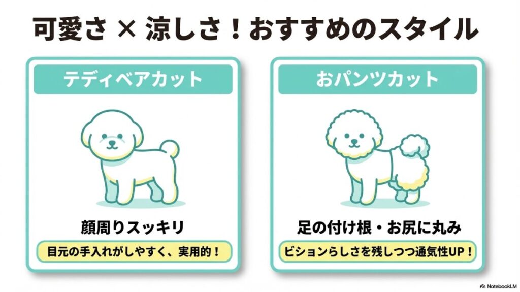 テディベアカット（顔周りスッキリ）とおパンツカット（足の付け根やお尻に丸み）のイラスト比較。可愛さと涼しさを両立するスタイルの紹介