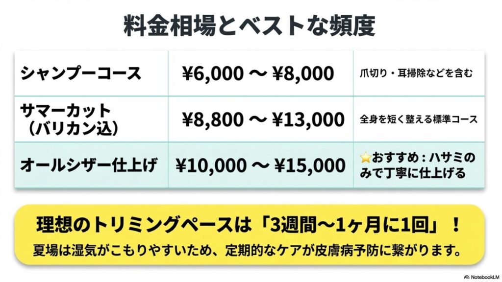 シャンプー、サマーカット、シザー仕上げの料金目安表。理想の頻度は3週間から1ヶ月に1回であることを示すスライド