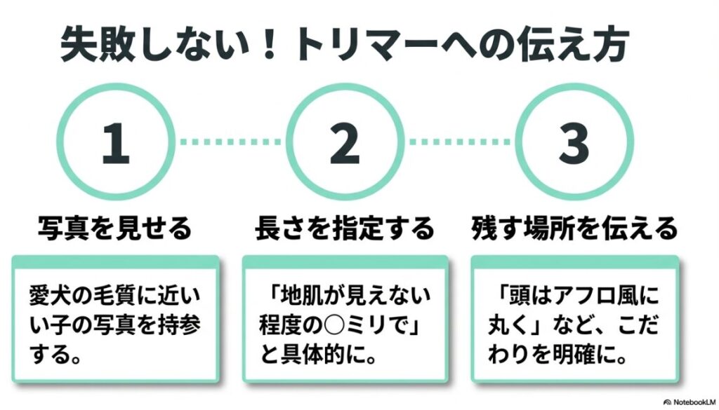 写真を見せる、ミリ数で長さを指定する、こだわり（アフロ風など）を明確に伝えるという3つのステップを解説したイラスト