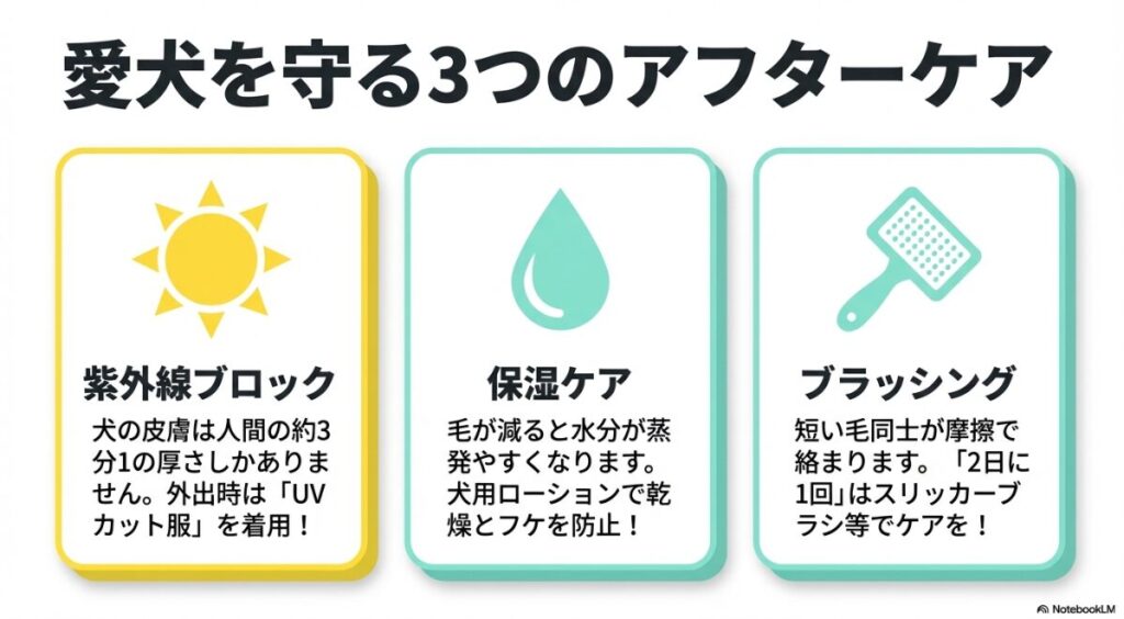 紫外線ブロックのためのUVカット服、乾燥を防ぐ保湿ケア、毛玉を防ぐ2日に1回のブラッシングの重要性を説明する図解。