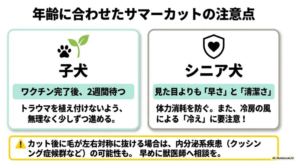 子犬はワクチン完了後2週間待つ、シニア犬は見た目より早さと清潔さを優先し、冷えに注意することを説明。左右対称の脱毛は疾患の可能性がある旨の警告