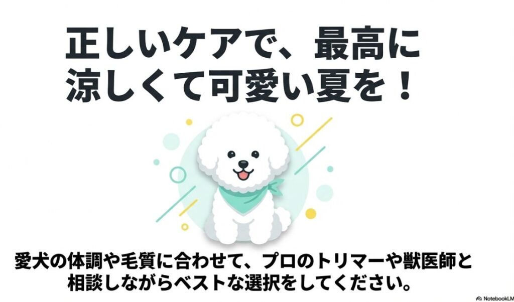 正しいケアで最高に涼しくて可愛い夏を。プロのトリマーや獣医師と相談しながらベストな選択を促すメッセージ