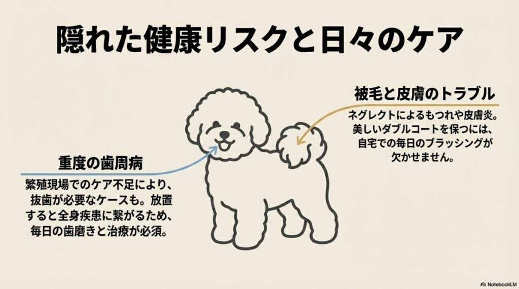 ネグレクトによる皮膚トラブルや重度の歯周病、毎日のブラッシングと歯磨きが不可欠であることを示すイラスト解説