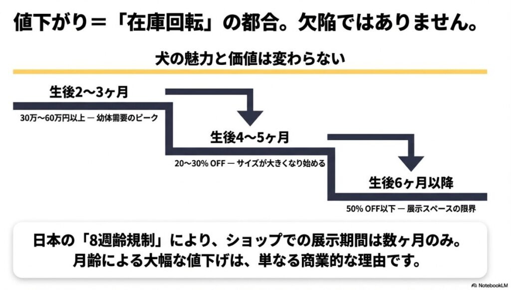 生後2〜3ヶ月は30万〜60万円、4〜5ヶ月で20〜30%OFF、6ヶ月以降で50%OFF以下という価格変動を示した階段状の図解