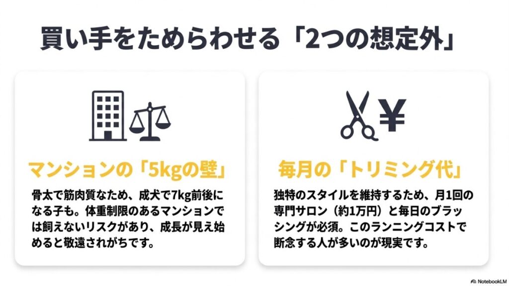 マンションの「5kgの壁」による体重制限のリスクと、毎月約1万円かかるトリミング代という2つのハードルを示した図解