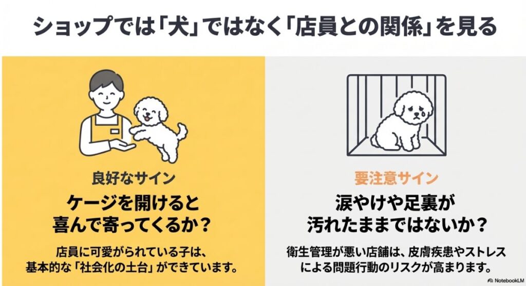 良好なサインとして店員に喜んで寄ってくる様子、要注意サインとして涙やけや足裏の汚れ、衛生管理の不備によるリスクを説明したイラスト