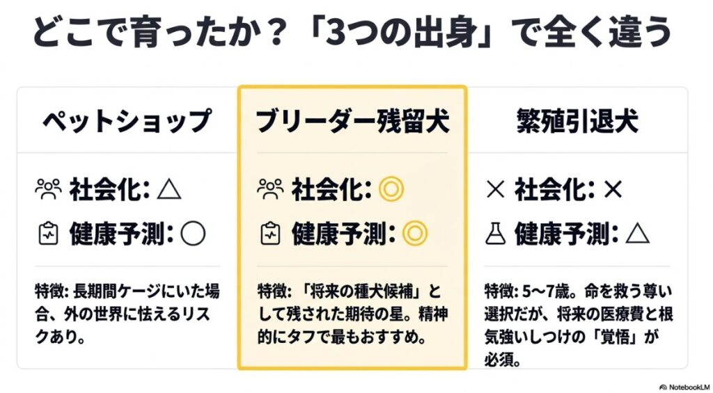 ペットショップ、ブリーダー残留犬、繁殖引退犬の3種類について、社会化の度合いや健康予測、それぞれの特徴を比較した表