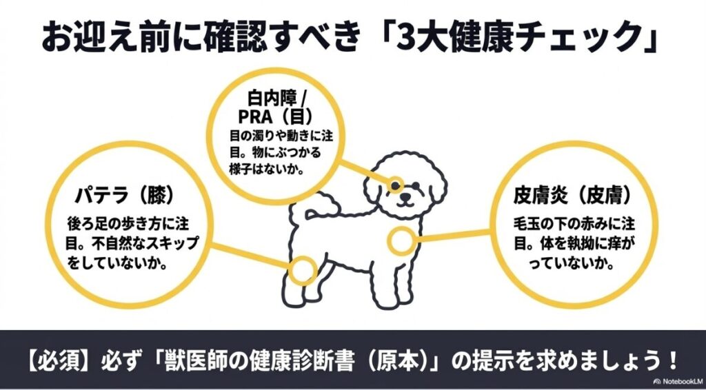 パテラ（後ろ足の歩き方）、白内障・PRA（目の濁り）、皮膚炎（毛玉の下の赤み）の3項目と、獣医師の健康診断書原本の提示が必須であることを示した図解。