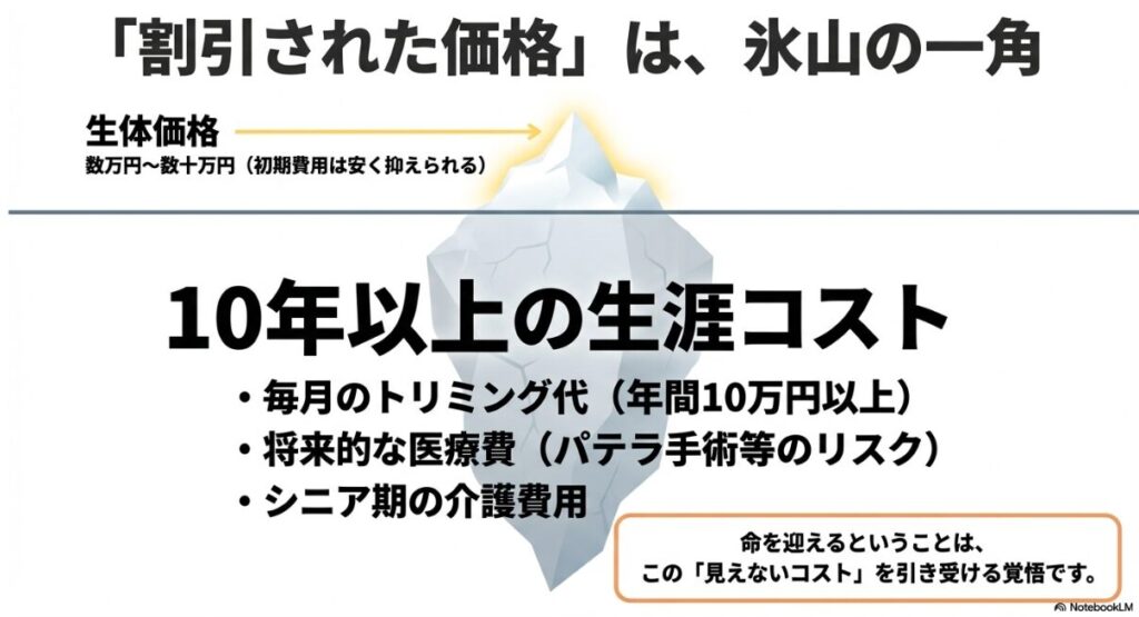 生体価格は氷山の一角であり、水面下に隠れた毎月のトリミング代、将来の医療費、介護費用といった生涯コストを引き受ける覚悟が必要であることを示すイラスト。