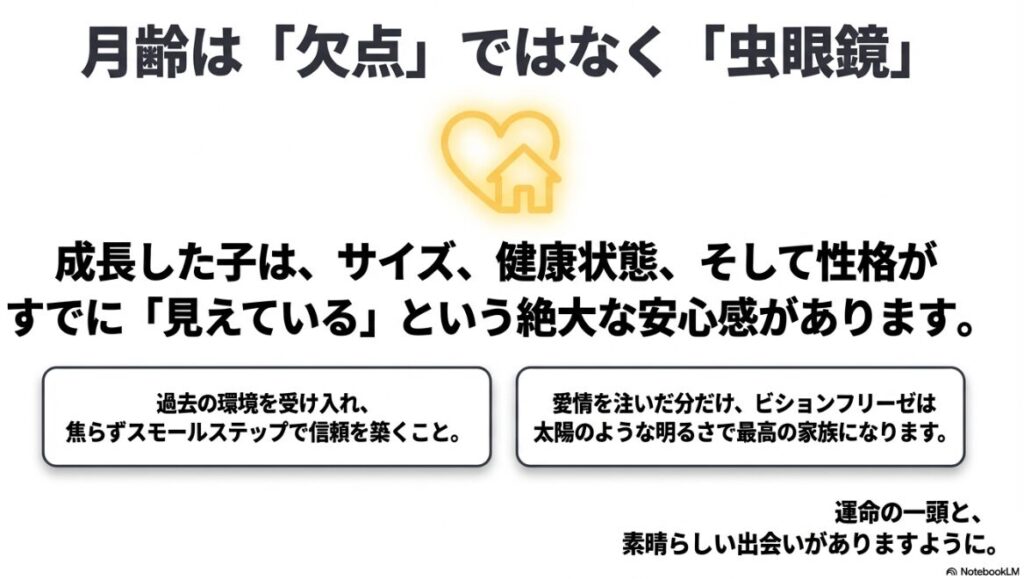成長した子はサイズや性格が既に見えている安心感があること、焦らず信頼を築くことで最高の家族になれるというメッセージを込めたまとめスライド