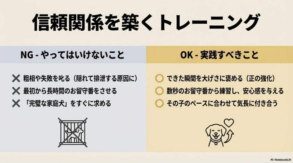 叱ることや長時間の留守番などのNG行為と、正の強化で褒める・ペースに合わせるなどのOK行為の対比