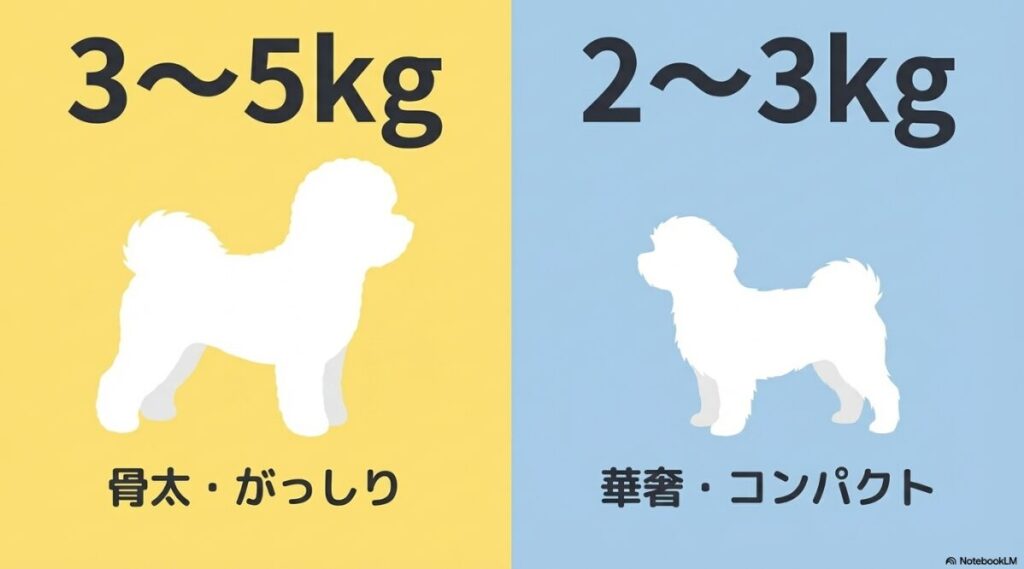 ビションフリーゼ3から5kgで骨太・がっしり、マルチーズ2から3kgで華奢・コンパクトという体重と体格の比較図