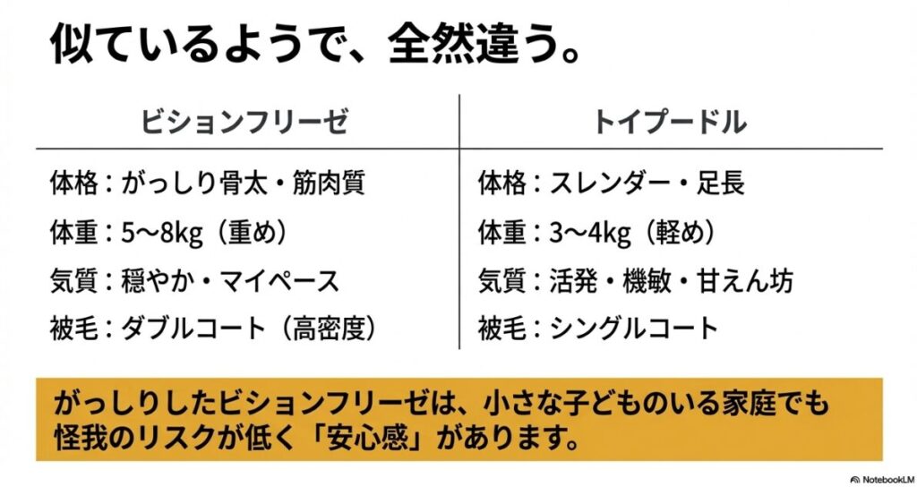 ビションフリーゼとトイプードルの体格、体重、気質、お手入れの違いを一覧で比較した表。ビションは筋肉質で体重が重めなのが特徴。