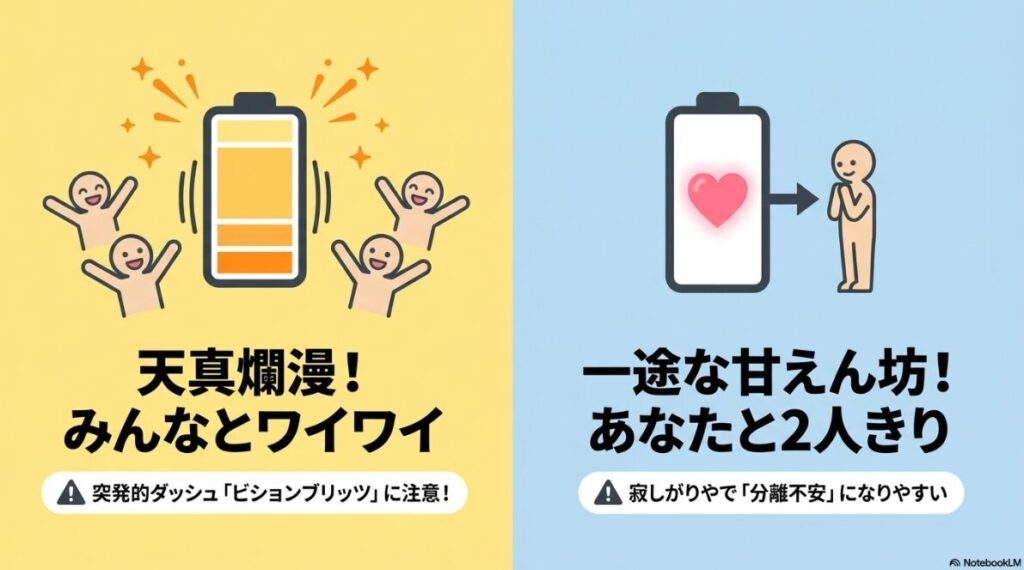 ビションフリーゼは天真爛漫でみんなとワイワイ、ビションブリッツに注意。マルチーズは一途な甘えん坊であなたと2人きり、分離不安になりやすいという性格の比較図