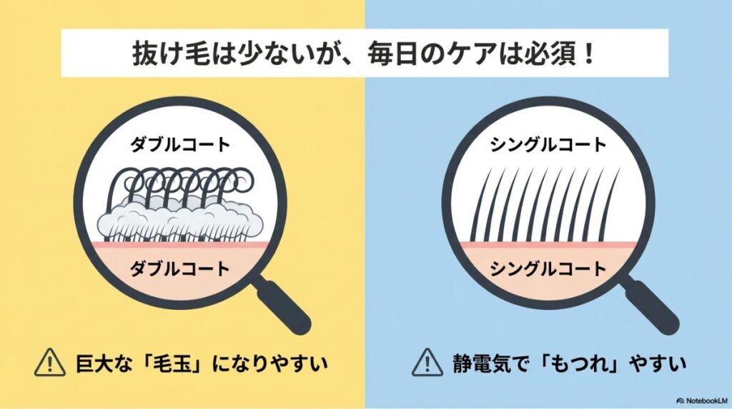 ビションフリーゼはダブルコートで巨大な毛玉になりやすい、マルチーズはシングルコートで静電気でもつれやすいという被毛構造の解説図