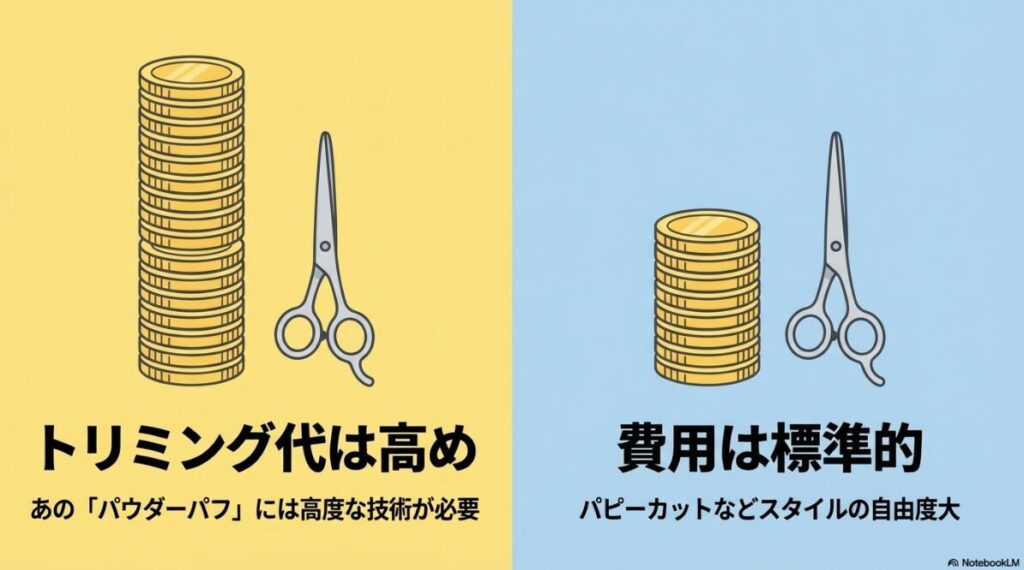 ビションフリーゼはパウダーパフに高度な技術が必要でトリミング代は高め。マルチーズは費用は標準的でパピーカットなどスタイルの自由度が大きいという比較図